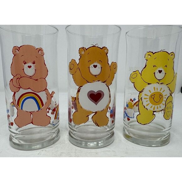 VINTAGE 1983 Care Bears Pizza Hut Drinking Glasses Set of 3 Tenderheart FunshIne - Picture 2 of 9